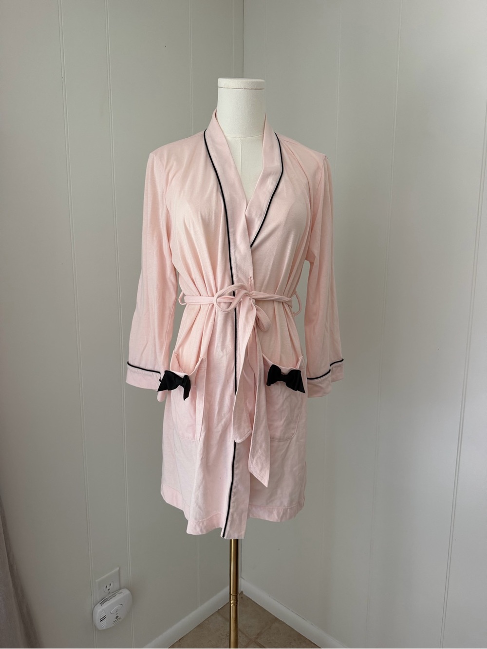 kate spade Light Pink Short Robe with Black Trim and Bow Accents